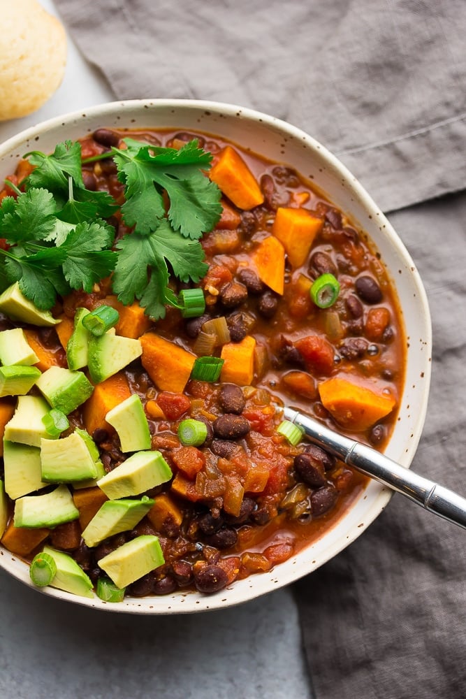 close of up a bowl of sweet potato black bean chili