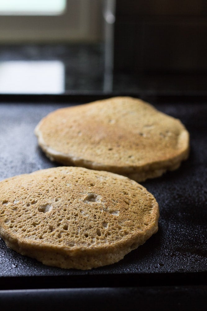 Freezer Whole Grain Pancakes- Made with spelt flour and rolled oats. Super fluffy and satisfying!