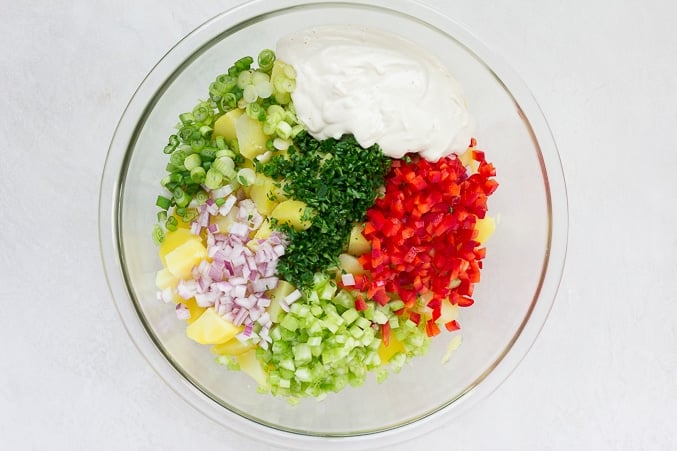 all ingredients in bowl for vegan potato salad before being mixed together.