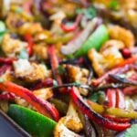 vegetarian fajitas in pan, close up from side.