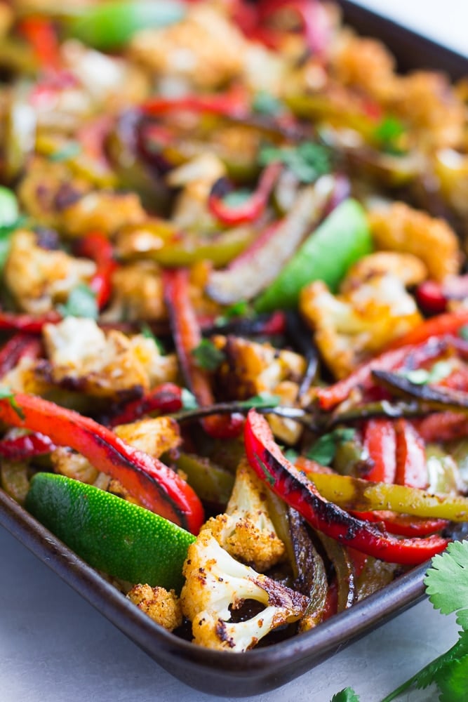 vegetarian fajitas in pan, close up from side.