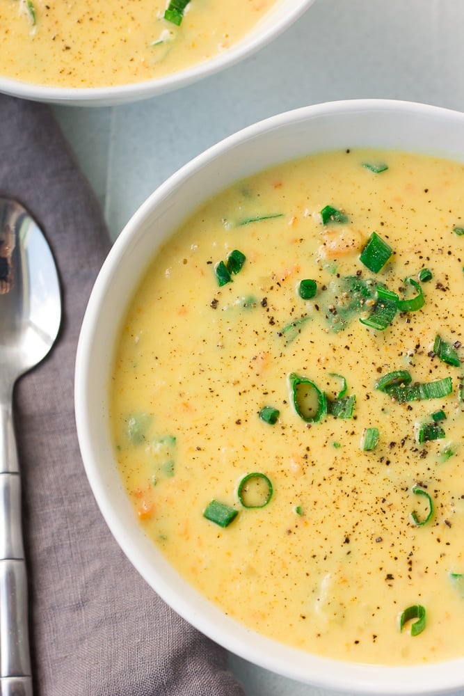 close up of cauliflower soup in a bowl