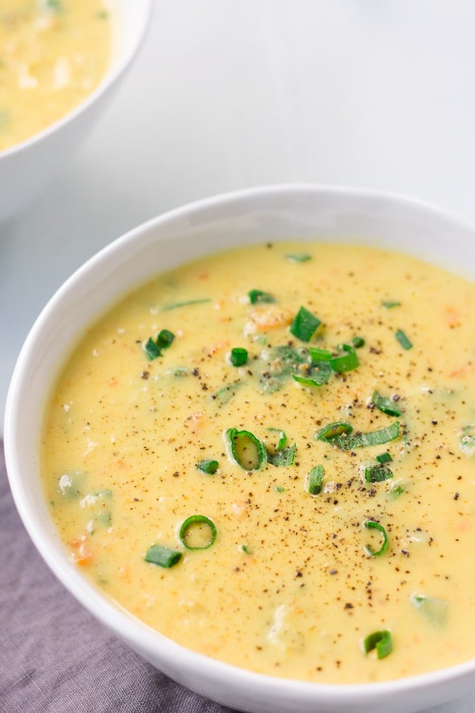 close up of cauliflower soup in a bowl