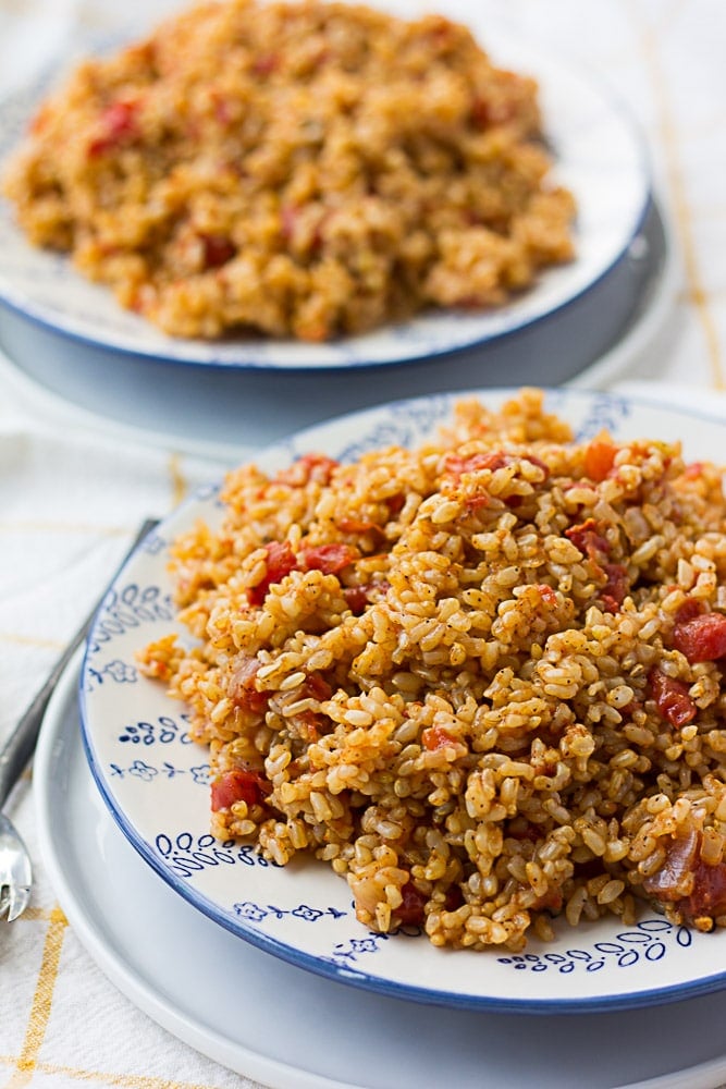 Two plates of Instant Pot Spanish Rice