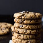 tall stack ofOil Free Peanut Butter Chocolate Chip Cookies