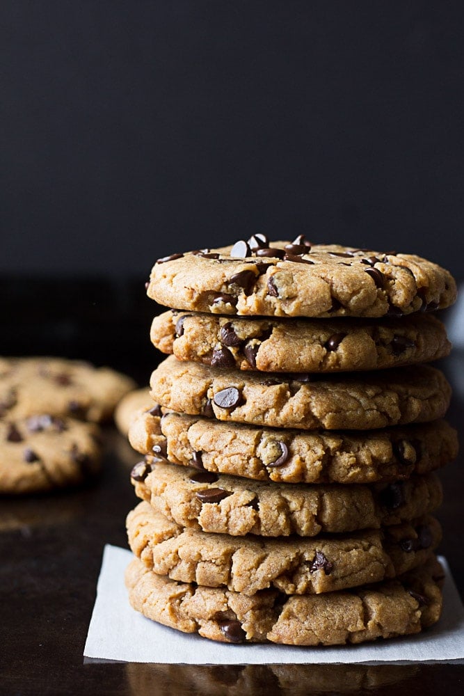 tall stack ofOil Free Peanut Butter Chocolate Chip Cookies