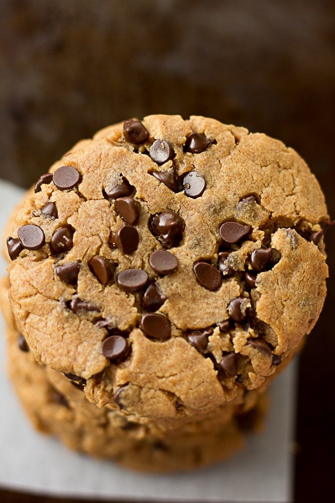 close up shot of Oil Free Peanut Butter Chocolate Chip Cookies