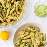 Oil-free pesto pasta with roasted brussel sprouts and tempeh sausage.
