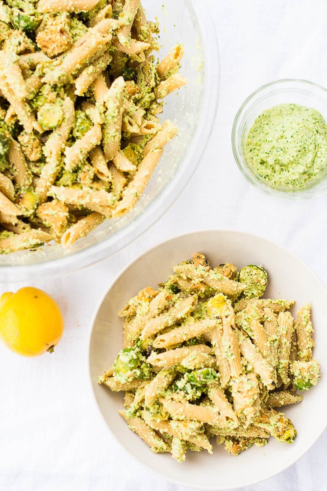 Oil-free pesto pasta with roasted brussel sprouts and tempeh sausage.