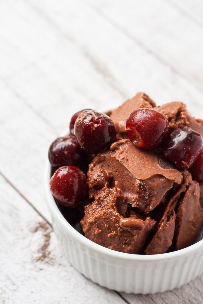 Healthy, dairy free, fruit sweetened chocolate cherry ice cream.