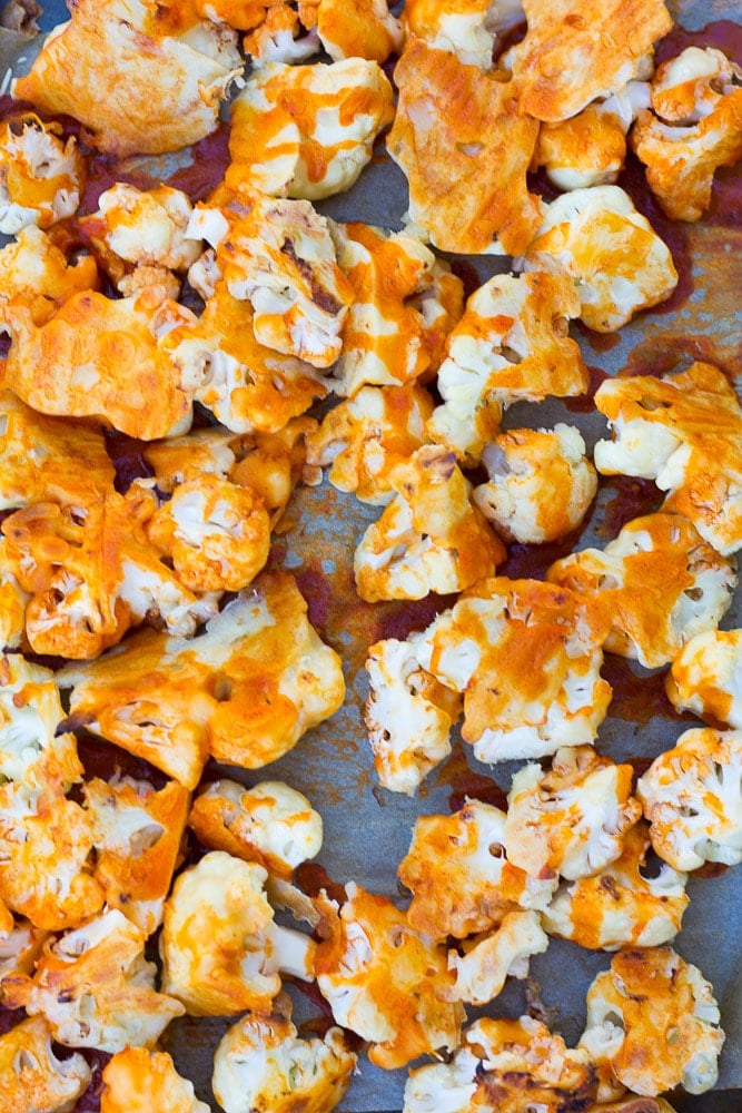 Buffalo Cauliflower Buddha Bowl- Roasted Buffalo Cauliflower, brown rice, spinach, chickpeas and cashew cream.