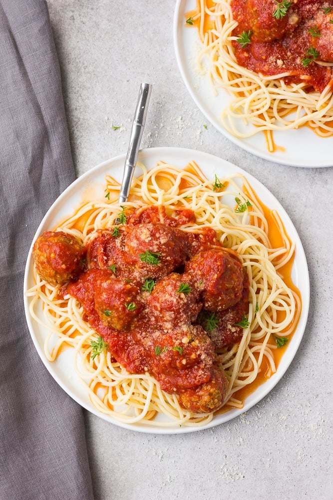 plate with vegan meatballs and spaghetti