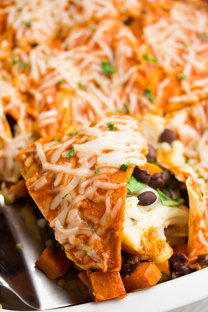 enchilada casserole in a white dish, close up