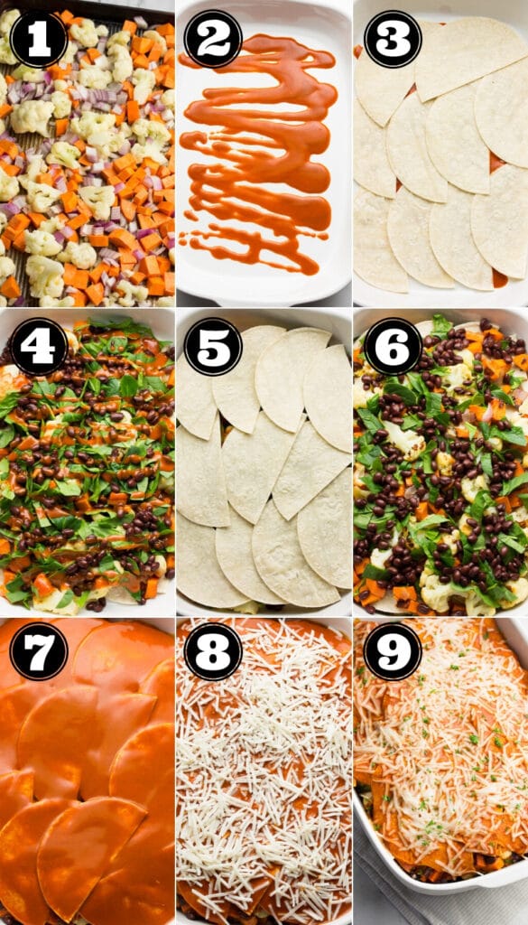 collage of how to make vegan enchilada casserole, numbered
