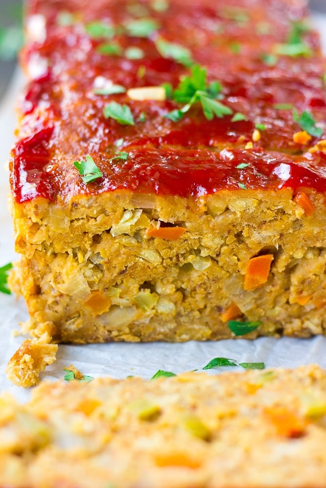 close up photo from side of vegan meatloaf