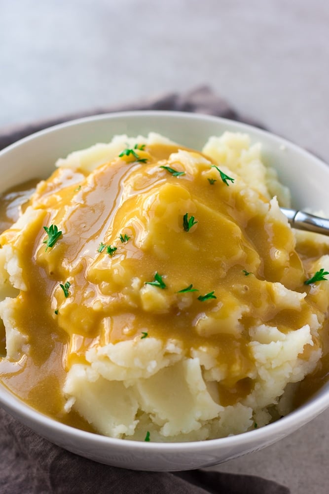 easy vegan gravy over mashed potatoes close up