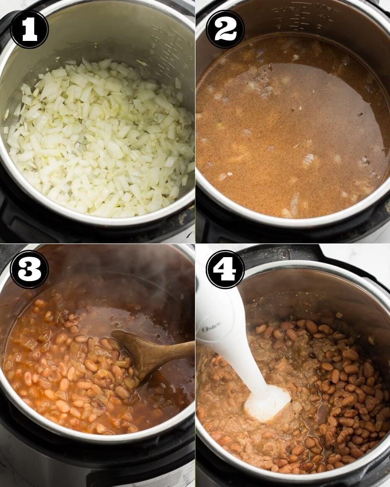 4 images showing how to make refried beans in the instant pot, step by step.