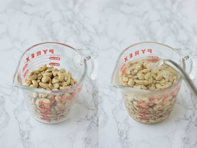 collage of cashews in measuring cup with hot water being poured over it.