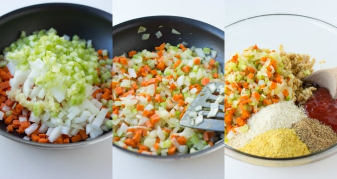 vegan meatloaf collage of sauteing vegetables and mixing