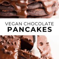 pinterest collage of vegan chocolate pancakes with text