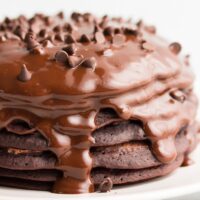 square image of stack of chocolate pancakes