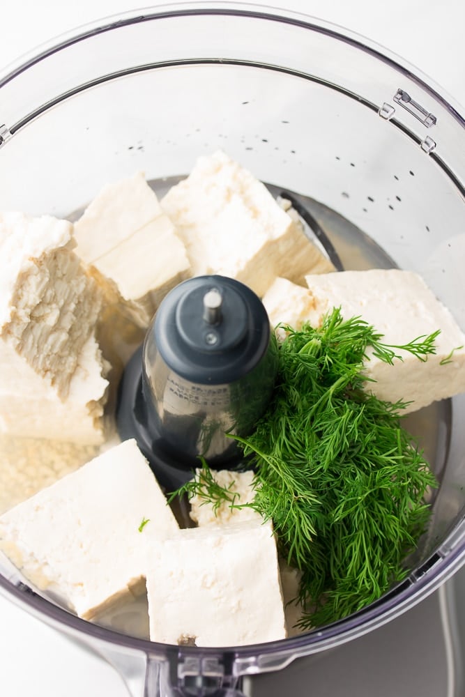 food processor with tofu and dill, not blended yet