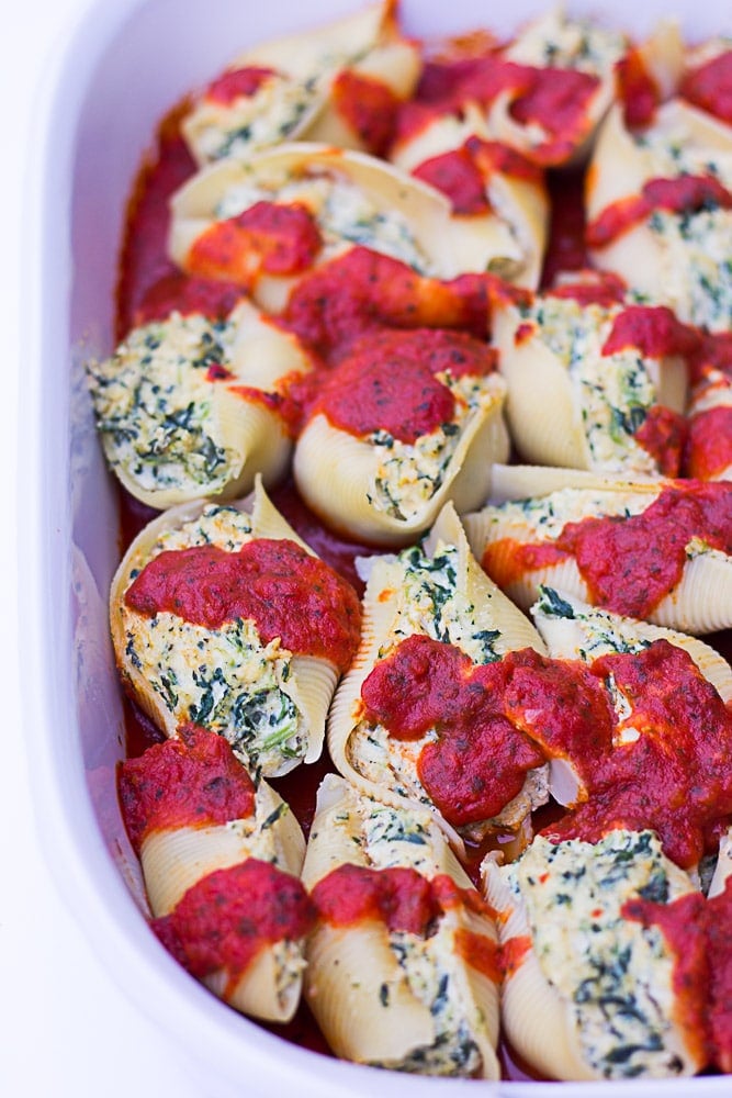 Vegan Stuffed Jumbo Shells with Spinach: Stuffed jumbo shells with cashew tofu ricotta and spinach.