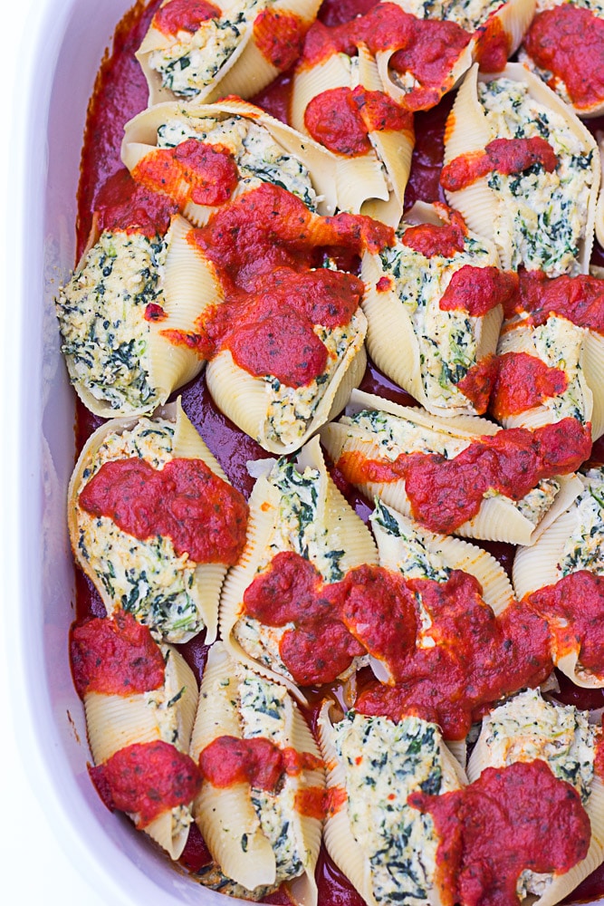 Vegan Stuffed Jumbo Shells with Spinach: Stuffed jumbo shells with cashew tofu ricotta and spinach.