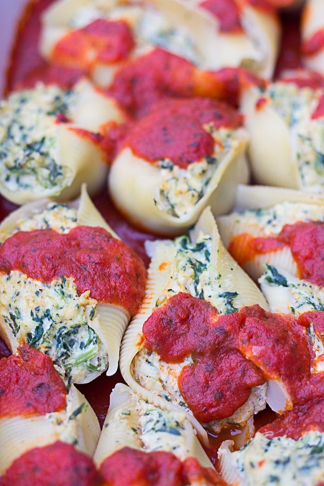 Vegan Stuffed Jumbo Shells with Spinach: Stuffed jumbo shells with cashew tofu ricotta and spinach.