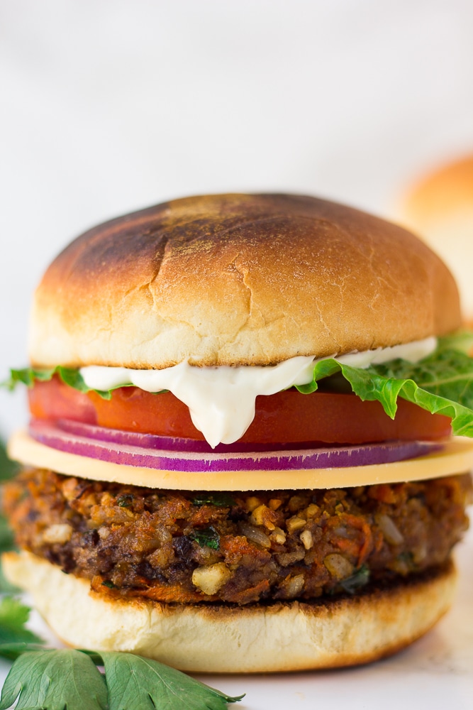 close up shot of vegan veggie burger recipe