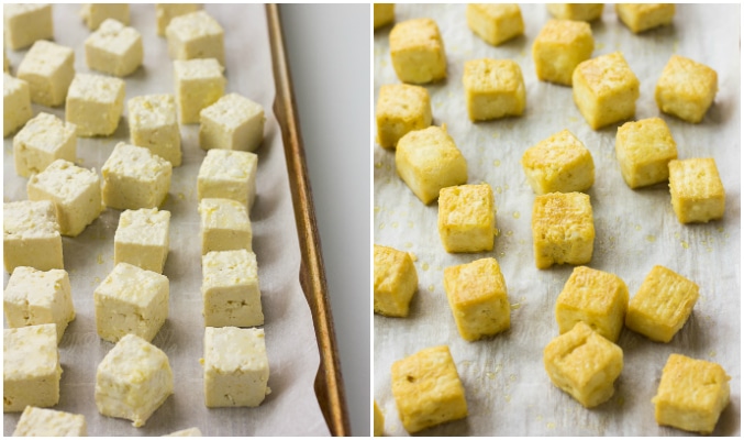 tofu collage of how to bake it crispy