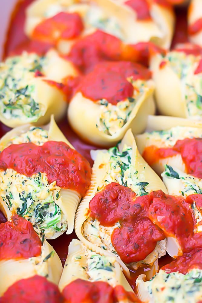 close up of stuffed shells made vegan in a dish