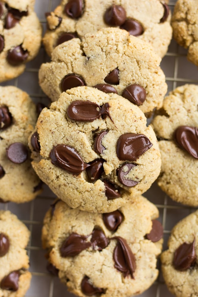 close up of vegan gluten free chocolate chip cookies