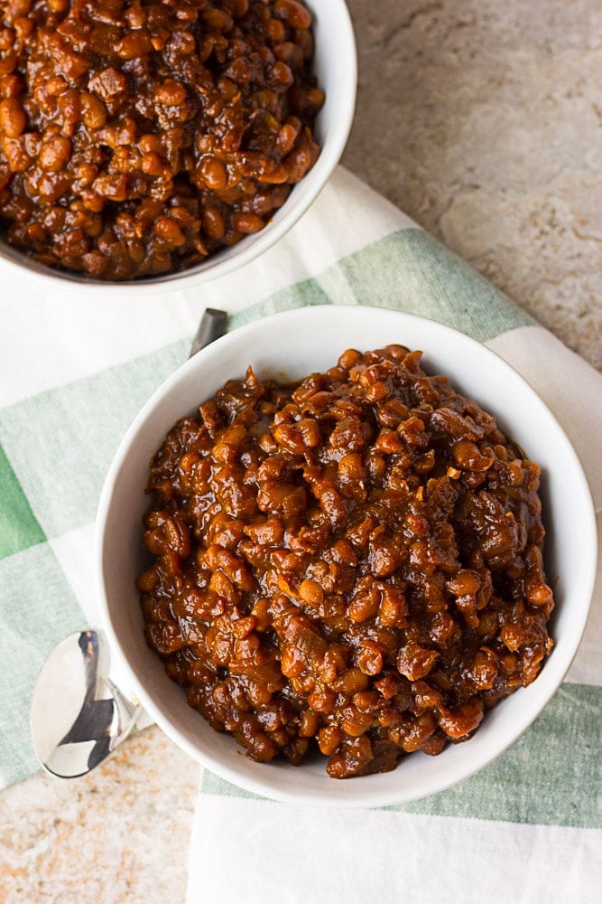 Two bowls of vegan baked beans.