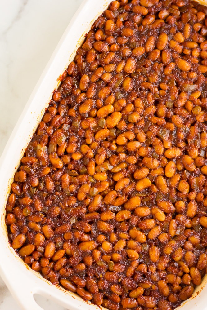 casserole dish of vegan baked beans