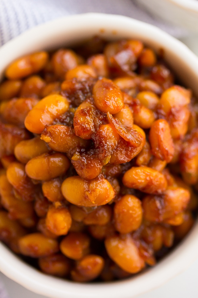 close up of baked beans in a bowl