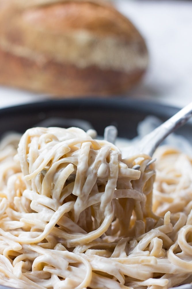 vegan alfredo sauce with fettucine on a fork