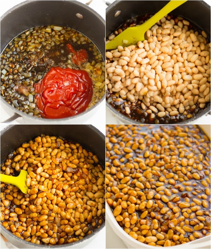 collage of how to make vegan baked beans