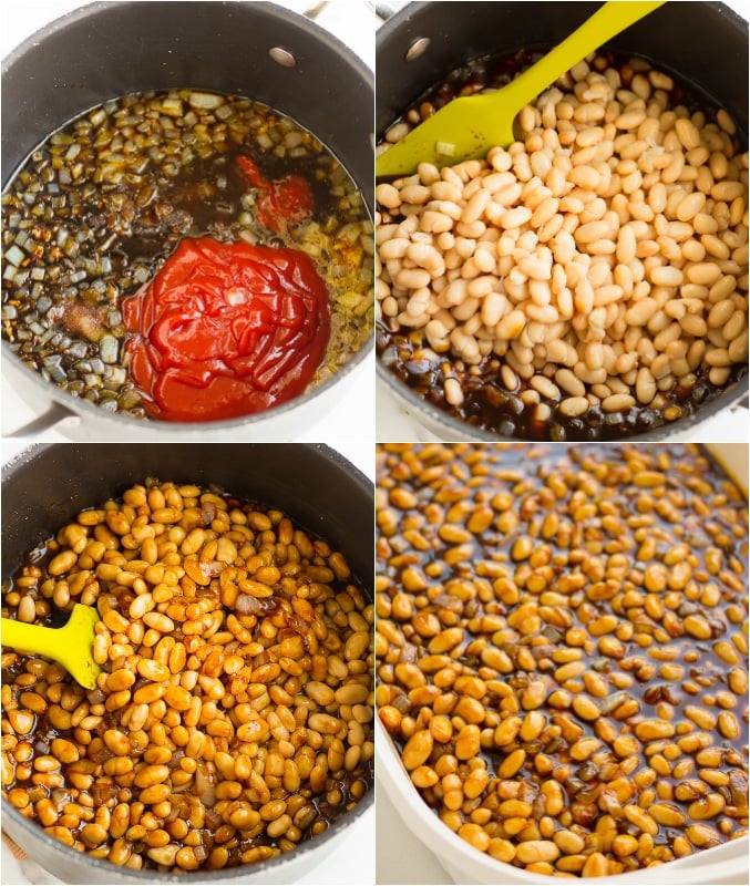 collage of how to make vegan baked beans