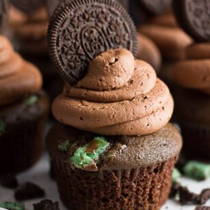 looking straight on a oreo mint cupcake