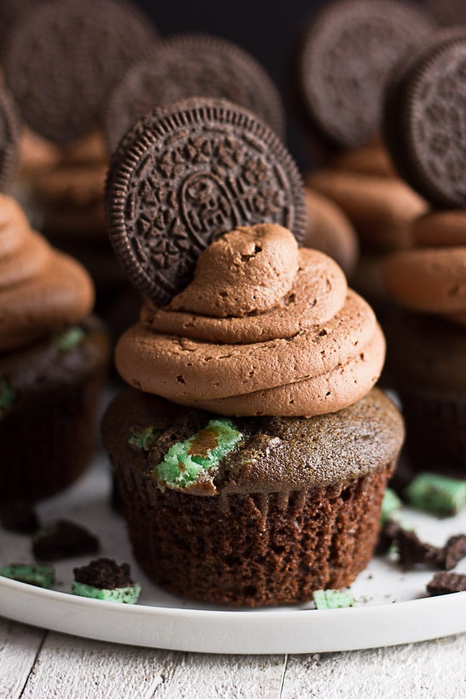 looking straight on a oreo mint cupcake