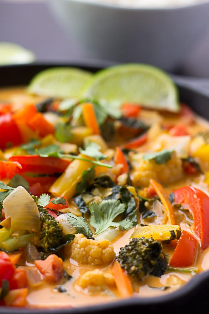 Looking from the side close up of Red Thai Curry Vegetables