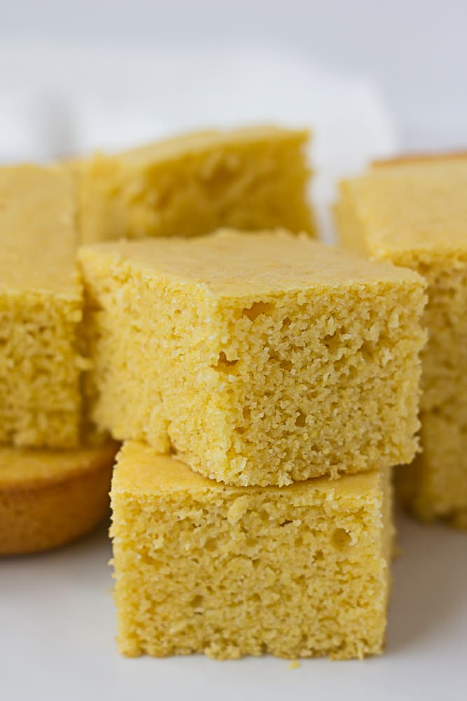 Cut up squares of vegan cornbread