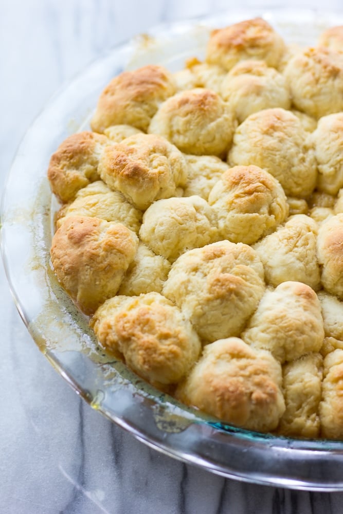 cooked balls for caramel monkey bread in a pie pan