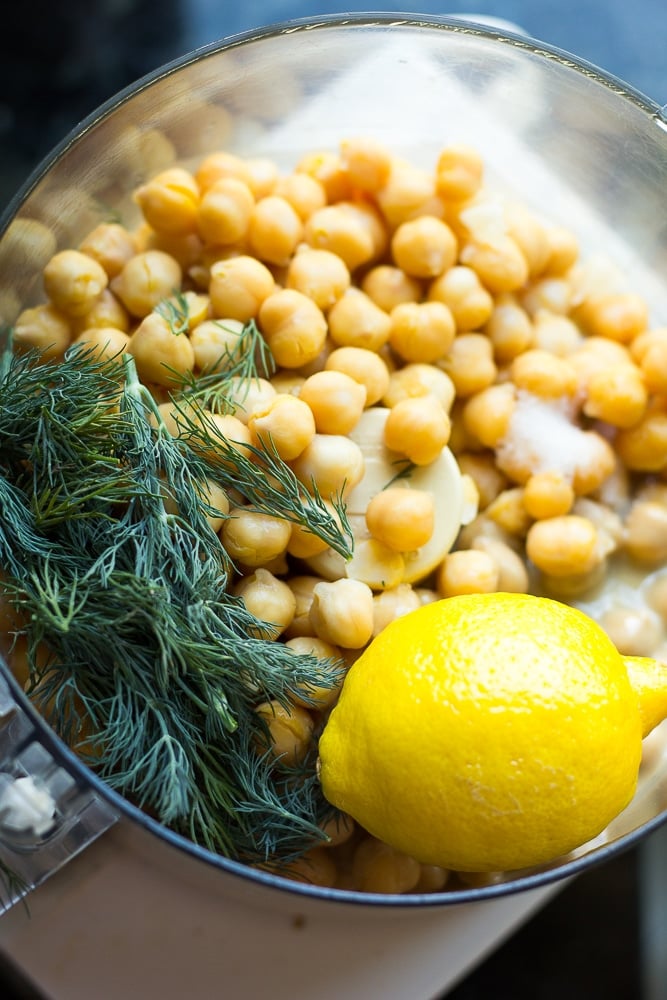 lemon dill hummus ingredients in food processor