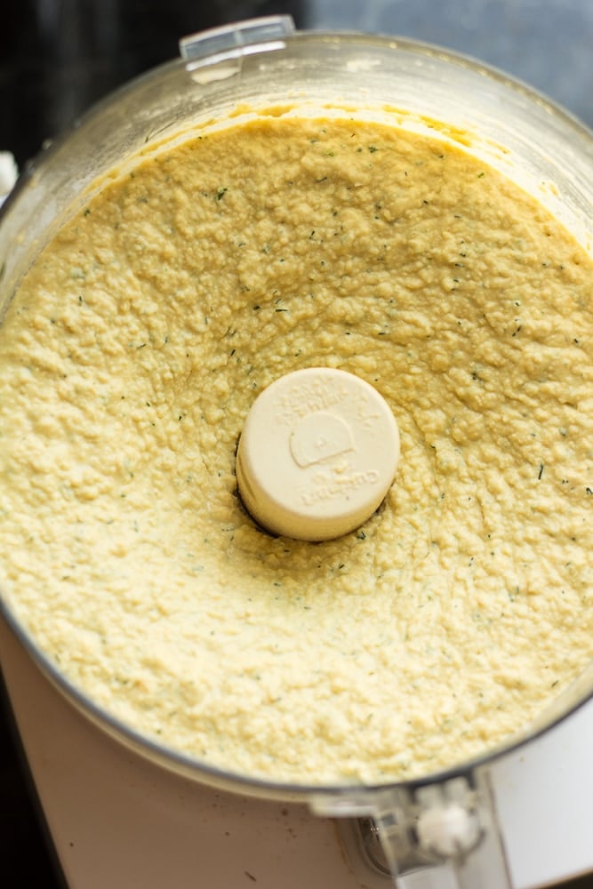 lemon dill hummus blended in food processor