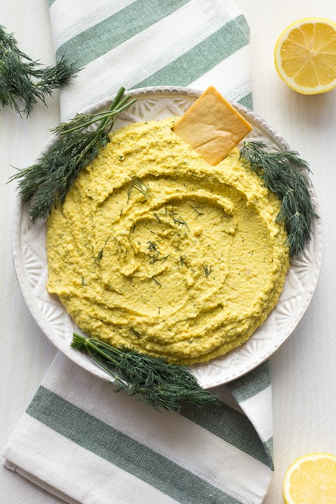 lemon dill hummus on a plate