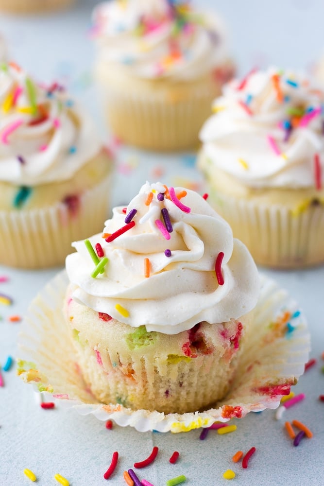 funfetti vegan cupcakes on a board