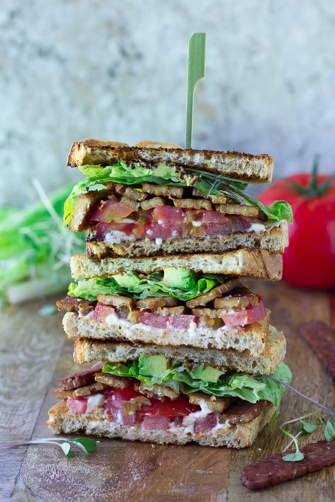 stack of vegan blt sandwiches