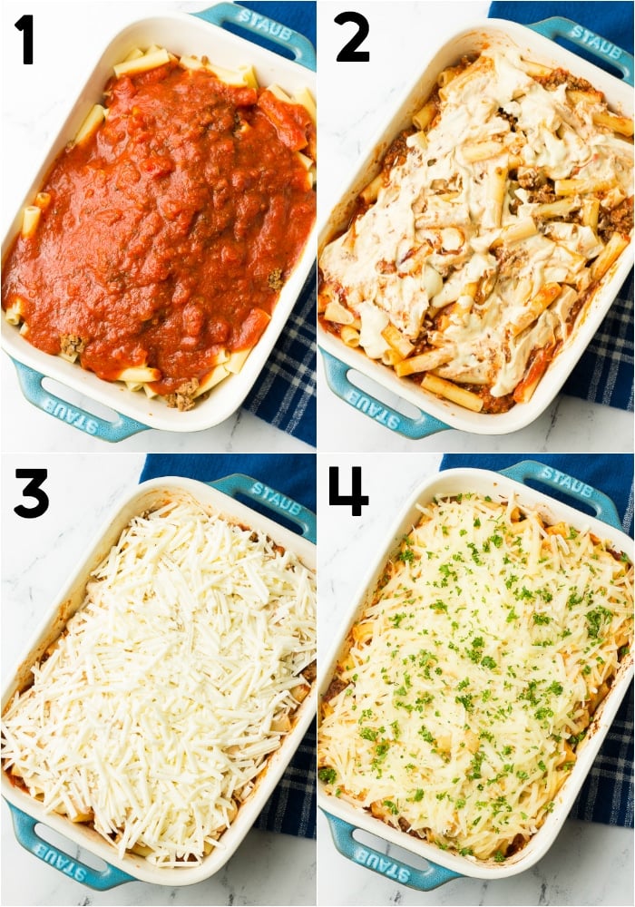 collage of how to make vegan baked ziti